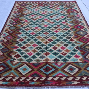 6x9 Afghan Colorful kilim rug, Hand-knotted Turkmen Wool Kilim, Beige Pink Green home decor large Turkish rug, Kitchen Dinning room Flatweave carpet,